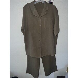 Cotton Green Gauzy Set Pants Top Size Large 100% COTTON